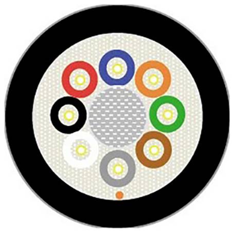 Querschnitt eines Kabels mit sieben farbigen Leitern: schwarz, rot, gelb, blau, grün, braun und grau, umgeben von einer schwarzen Außenschicht.