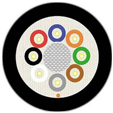 Eine Nahaufnahme eines Querschnitts eines mehrfarbigen Glasfaserkabels, der sieben farbige Komponenten zeigt, die einen zentralen Kern umgeben.