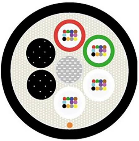 Eine Darstellung des Querschnitts eines Kabels, die farbige Leitungen und Isolationsschichten in kreisförmigen Abschnitten zeigt.