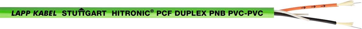 Eine Nahaufnahme eines grünen Kabels mit der Beschriftung 'LAPP KABEL STUTTGART HITRONIC POF DUPLEX PNB PVC/PVC' mit freiliegenden roten und schwarzen Adern.