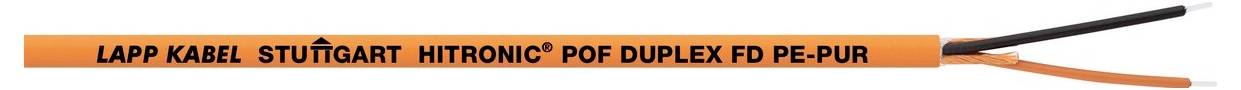 Orangefarbenes Kabel mit der Bezeichnung Lapp Kabel Stuttgart Unitronic POF Duplex FD PE-PUR mit freiliegenden schwarzen und orangefarbenen Kabeln.