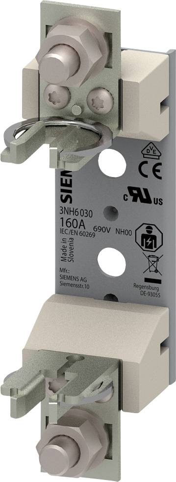 Front view of a Siemens NH630 fuse holder/isolator with two terminal clamps, mounting plate, and safety certification markings.