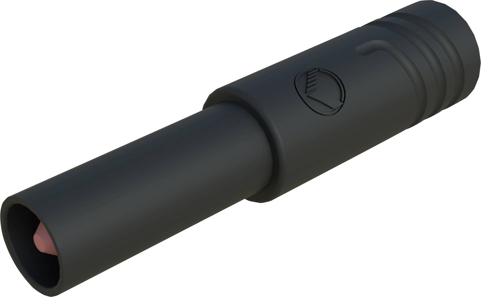 Ein schwarzer zylindrischer Stift mit abgerundeten Enden und einer Struktur auf der Seite, auf einem neutralen Hintergrund.