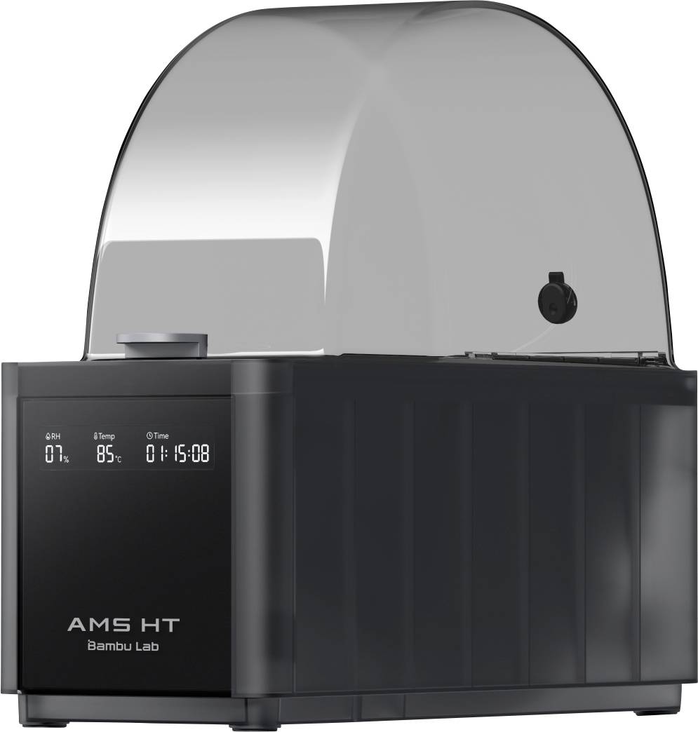 Schwarzes Gerät mit digitalem Display auf der Vorderseite zeigt Prozentanzeige, Temperatur und Uhrzeit. Transparente Abdeckung oben.