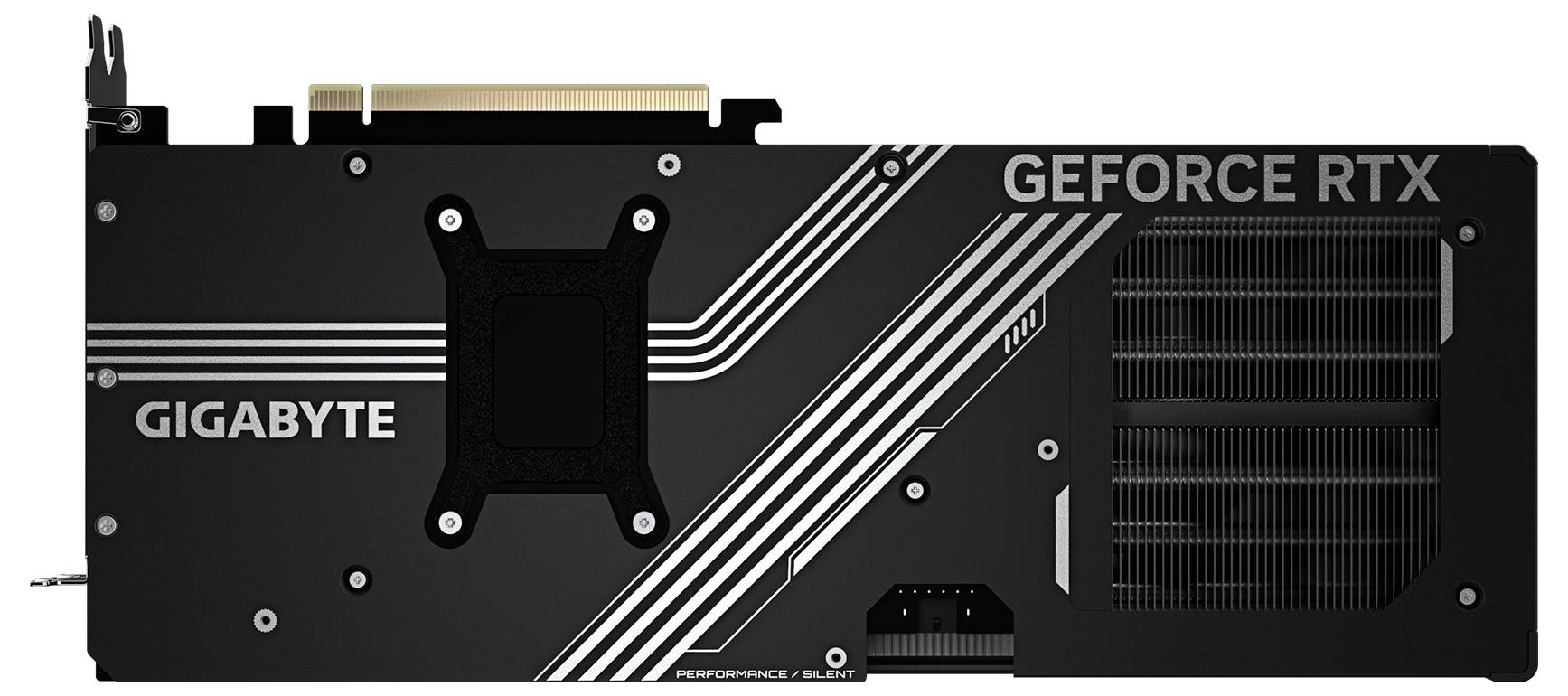 Eine Gigabyte Grafikkarte mit der Aufschrift 'GEFORCE RTX' auf der Rückseite. Sie hat ein schwarz-silbernes Design mit Linienmustern.
