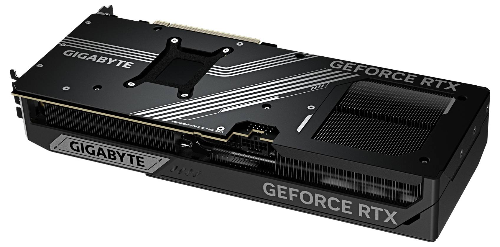 Grafikkarte der Marke Gigabyte, Modell GeForce RTX. Schwarzes Design mit weißen Streifen und sichtbarer Lüfteranordnung.