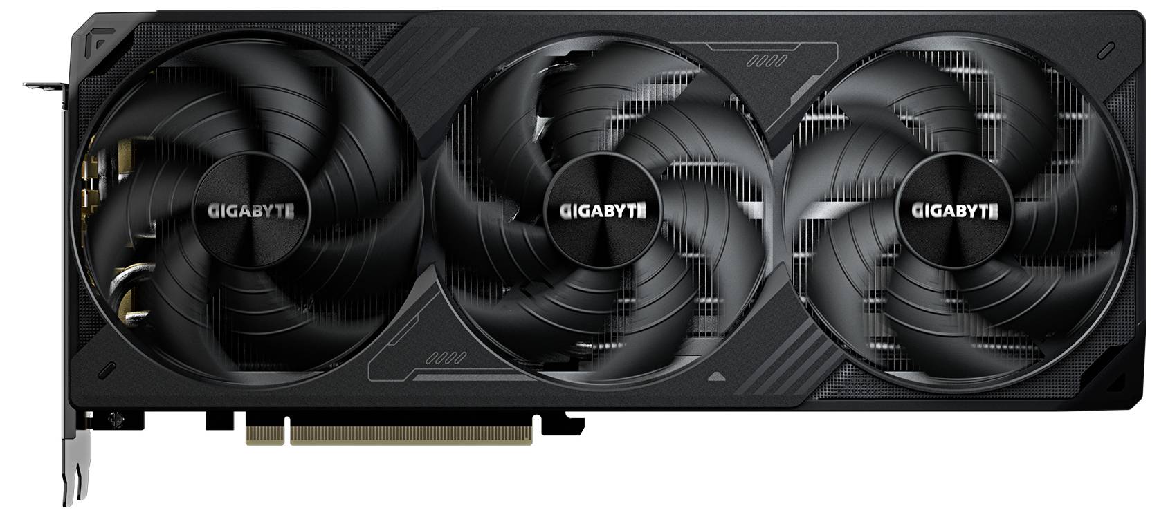 Grafikkarte mit drei großen Lüftern von Gigabyte, schwarzes Design, seitliche Pins für Stromversorgung, geeignet für Gaming-PCs.