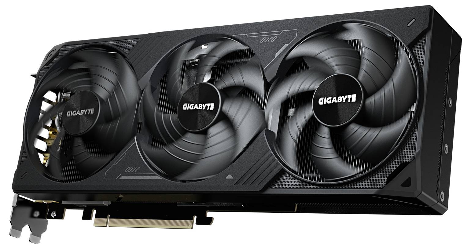 Grafikkarte mit drei Lüftern, Markenname 'Gigabyte' sichtbar auf jedem Lüfter. Schwarzes Design, PCIe-Anschluss sichtbar links.