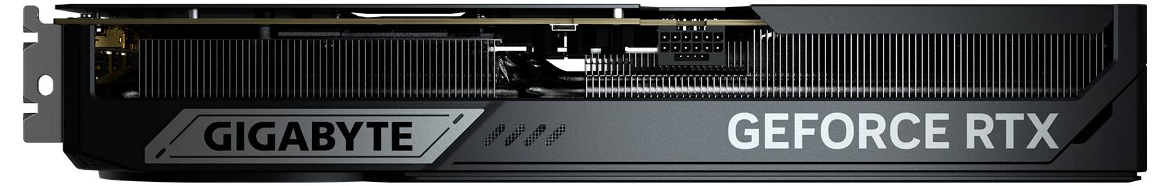 Eine schwarze Grafikkarte mit der Aufschrift 'GIGABYTE' und 'GEFORCE RTX' an der Seite. Sie hat ein modernes, robustes Design.