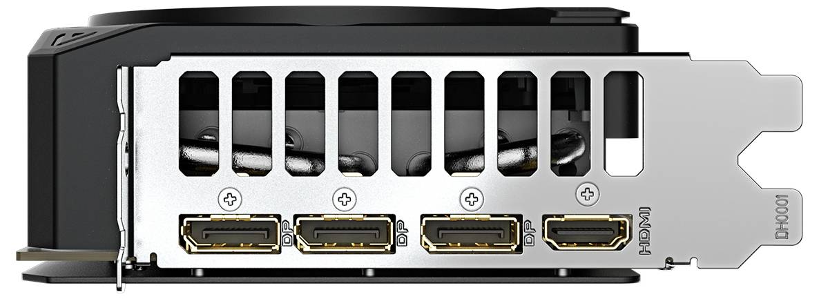 Rückseite einer Grafikkarte mit drei DisplayPort- und einem HDMI-Anschluss.