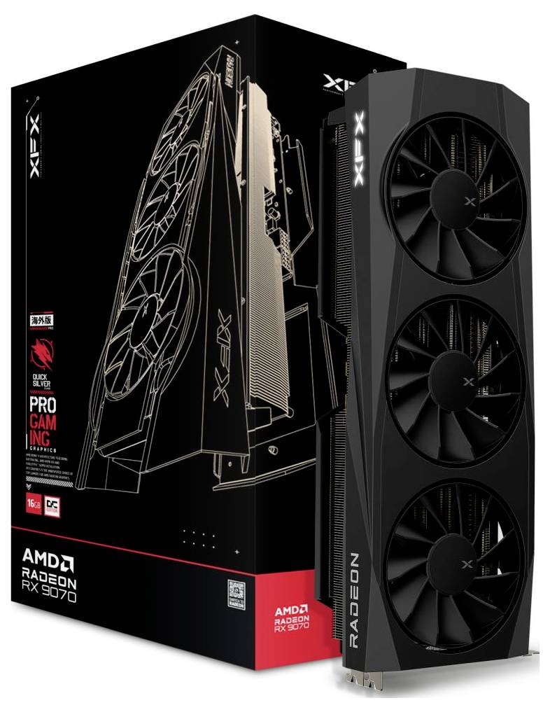 Eine AMD Radeon RX 6700 Grafikarte von XFX, daneben die Verpackung. Die Verpackung betont technische Merkmale und geeignet für Gaming.