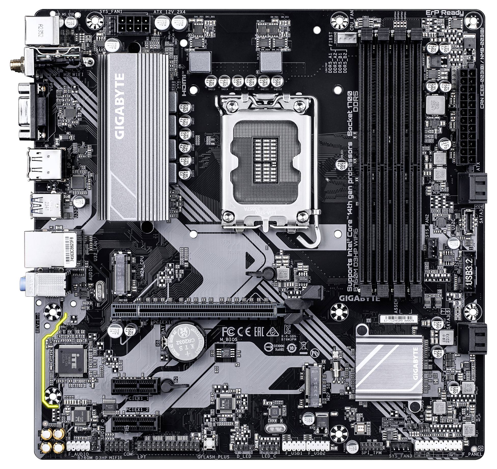 Abbildung eines Computer-Motherboards mit verschiedenen Slots und Anschlüssen. Aufschrift: 'GIGABYTE'. Prozessor-Sockel zentral platziert.