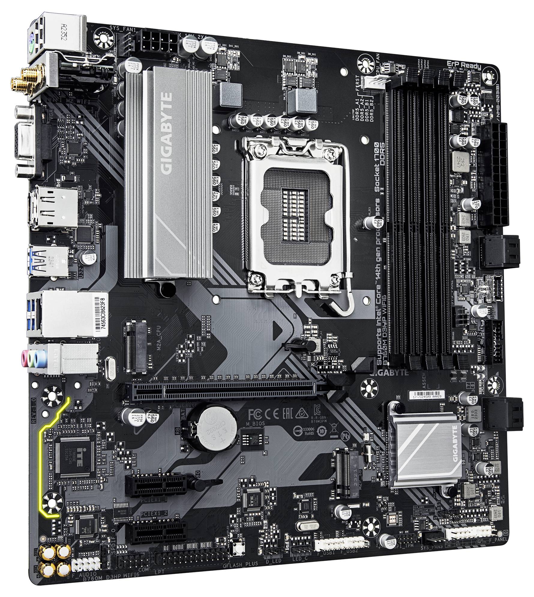 Eine Computer-Mainboard-Platine mit Steckplätzen, Anschlüssen und elektronischen Komponenten für die Integration von Computerhardware.