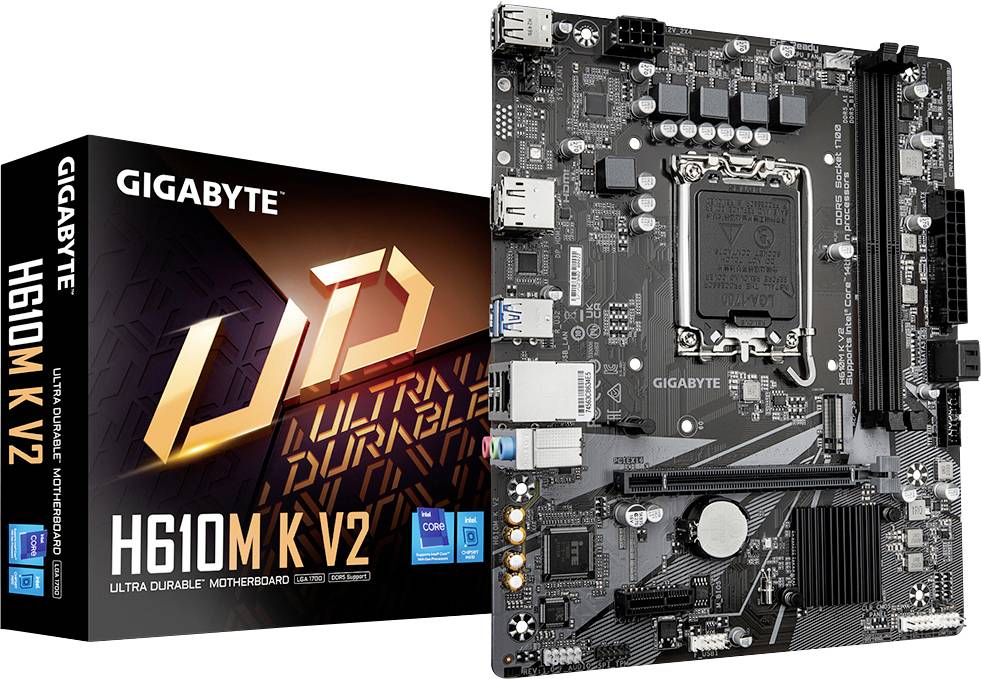 Mainboard Gigabyte H610M K V2 mit Verpackung. Unterstützt Intel-Prozessoren. Features: dualer Arbeitsspeicher, erweiterbare Anschlüsse.