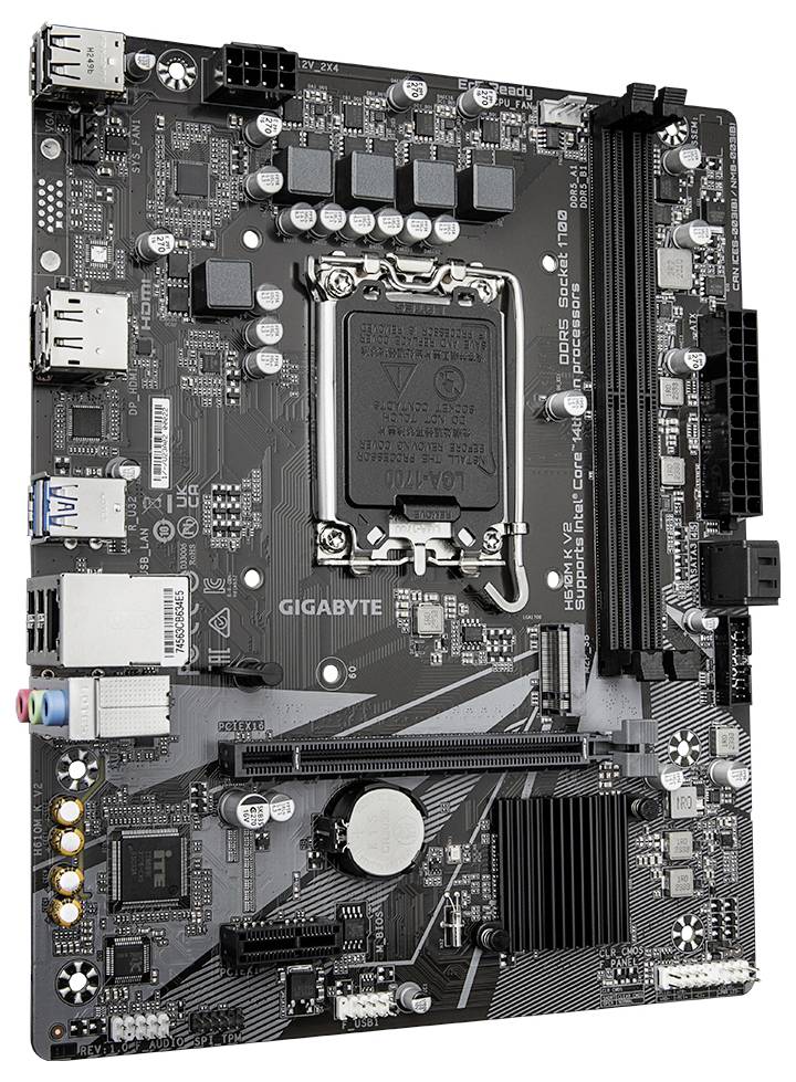 Ein Computer-Mainboard mit schwarzem Design, zeigt verschiedene Anschlüsse und Buchsen für Prozessor, RAM, und Peripheriegeräte.