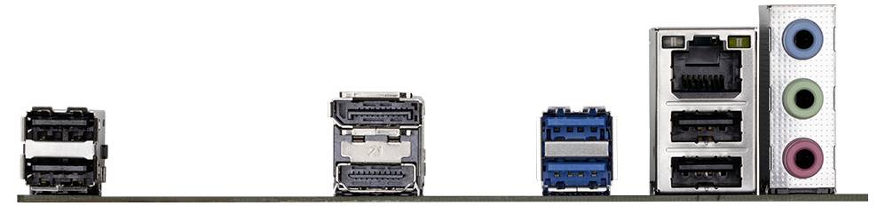 Rückseite eines Computers mit verschiedenen Anschlüssen: USB, HDMI, Ethernet und Audioanschlüsse in verschiedenen Farben.