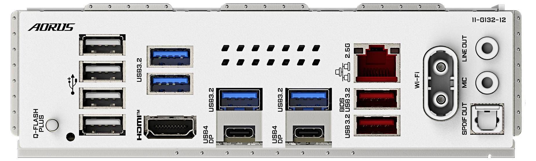 Rückseite eines Mainboards mit verschiedenen Anschlüssen: USB-Ports, HDMI, Ethernet, Audio und optischer Ausgang. Markenname 'AORUS' sichtbar.