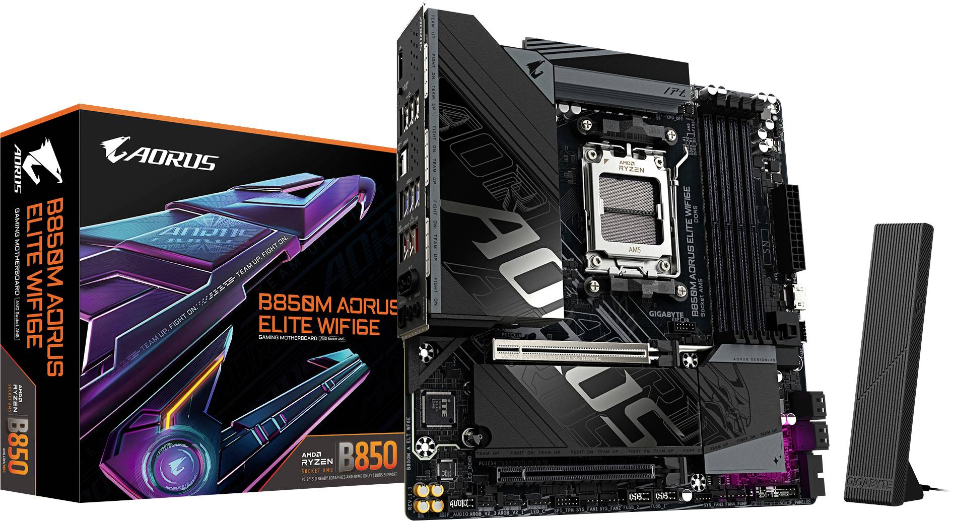 Mainboard und Verpackung der Marke Aorus, Modell B650M Elite WiFi 6, schwarz mit silbernen Akzenten, geeignet für AMD Ryzen Prozessoren.