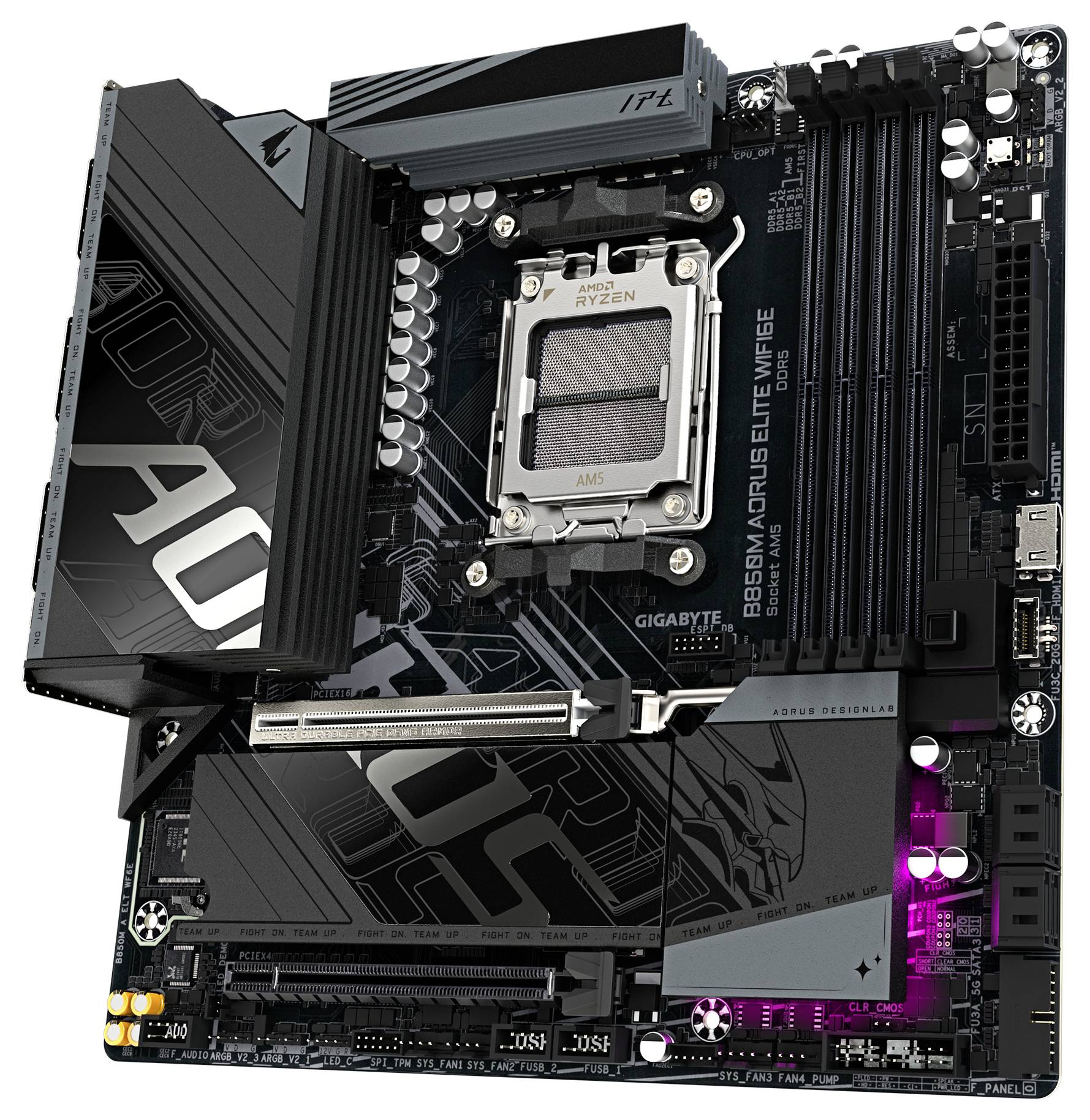 Ein schwarzes Mainboard mit mehreren Erweiterungssteckplätzen und einem gut sichtbaren RAM-Slot. Es trägt die Beschriftung 'B650M AORUS ELITE AX'.