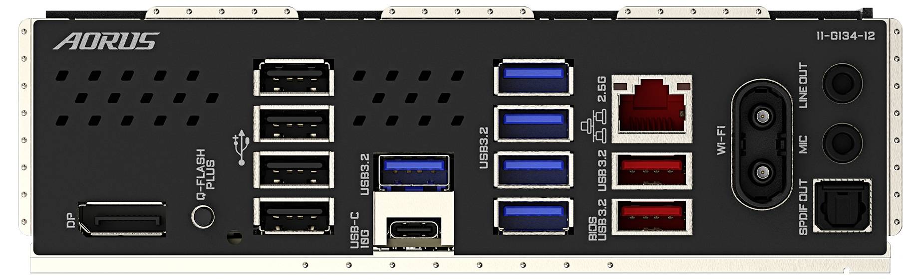Rückseite eines Computer-Motherboards mit mehreren USB-Anschlüssen, HDMI, optischem Anschluss, Ethernet und Audiobuchsen.