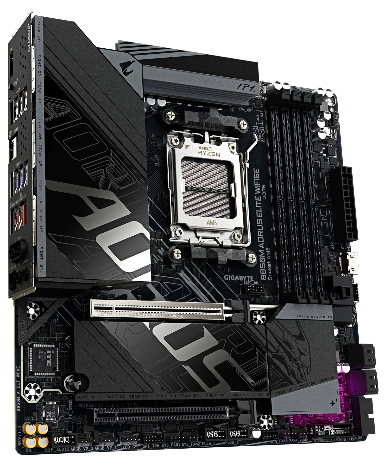 Eine Computer-Motherboard mit einem AMD Sockel für Ryzen-Prozessoren, mehreren PCIe-Steckplätzen und RAM-Bänken, markiert mit 'AORUS'.