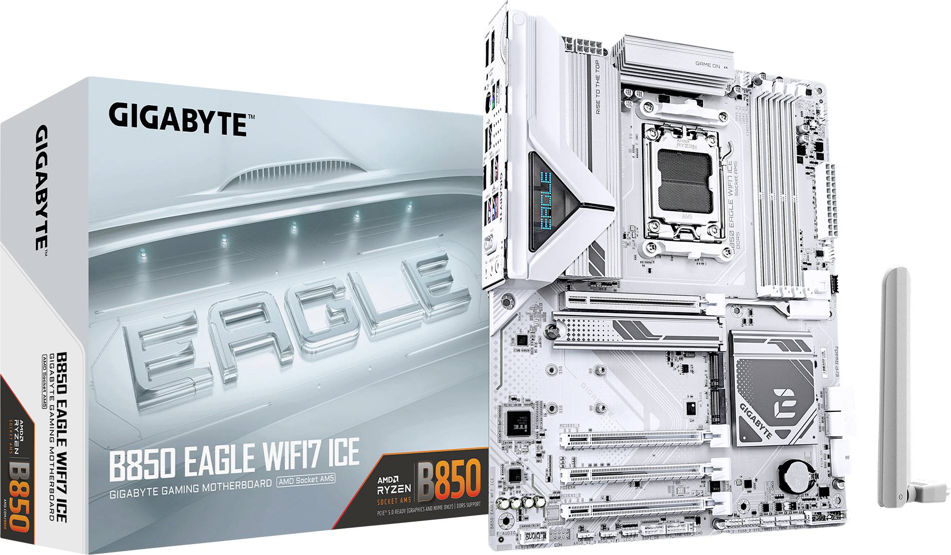 Grafik zeigt das GIGABYTE B650 EAGLE WIFI7 Mainboard und seine Verpackung. Enthält einen Sockel für AMD Ryzen Prozessoren.