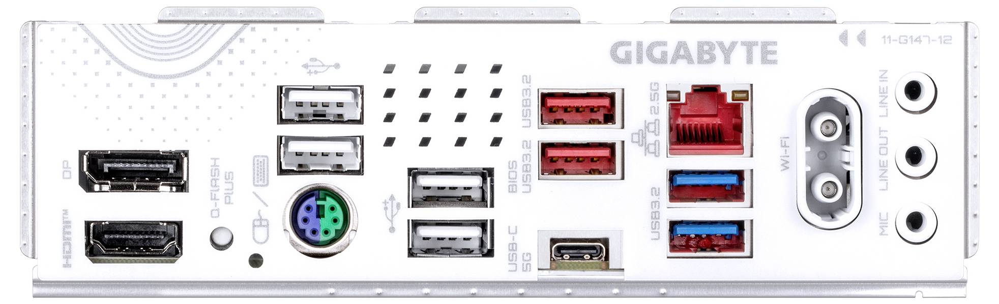 Rückseite eines Mainboards von Gigabyte mit USB-Anschlüssen, Ethernet, HDMI, DisplayPort und Audioanschlüssen.