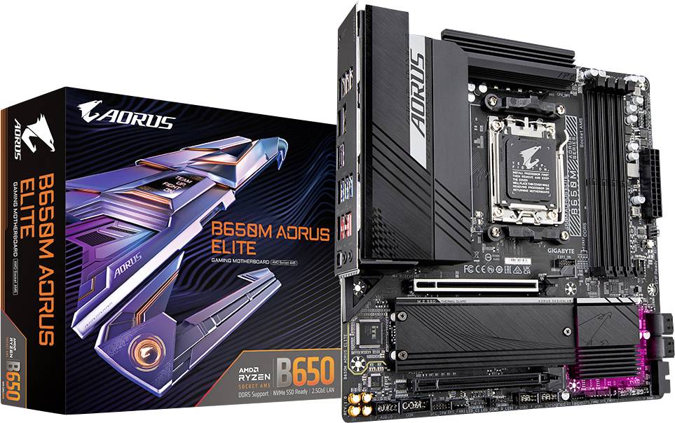 Mainboard B650M AORUS ELITE von AORUS, vorgestellt neben seiner Verpackung, geeignet für AMD Ryzen Prozessoren der 7000 Serie.