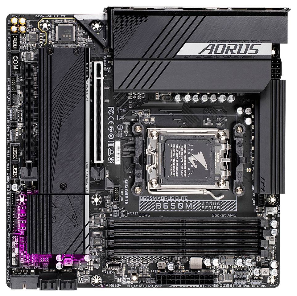 Eine Gigabyte Aorus Elite B650M Hauptplatine, mit AM5-Sockel und DDR5-RAM-Steckplätzen, geeignet für AMD-Prozessoren der neuesten Generation.
