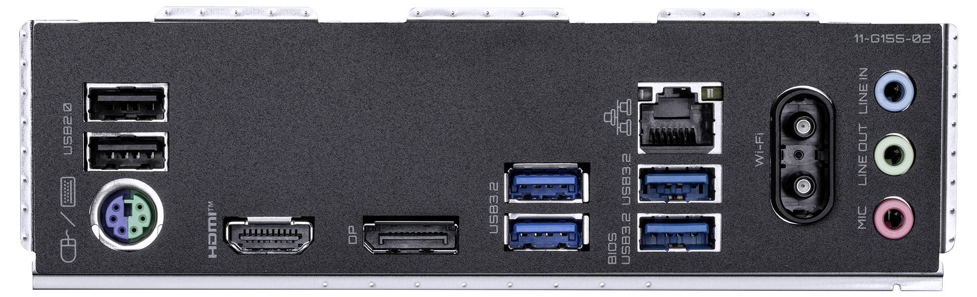Der Rückseite eines Computer-Mainboards mit mehreren Anschlüssen, einschließlich USB, HDMI, Ethernet und Audioeingängen.