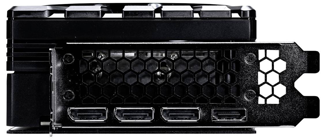 Eine schwarze Grafikkarte mit Wabenmuster-Lüftung und vier HDMI-Anschlüssen, von hinten betrachtet.