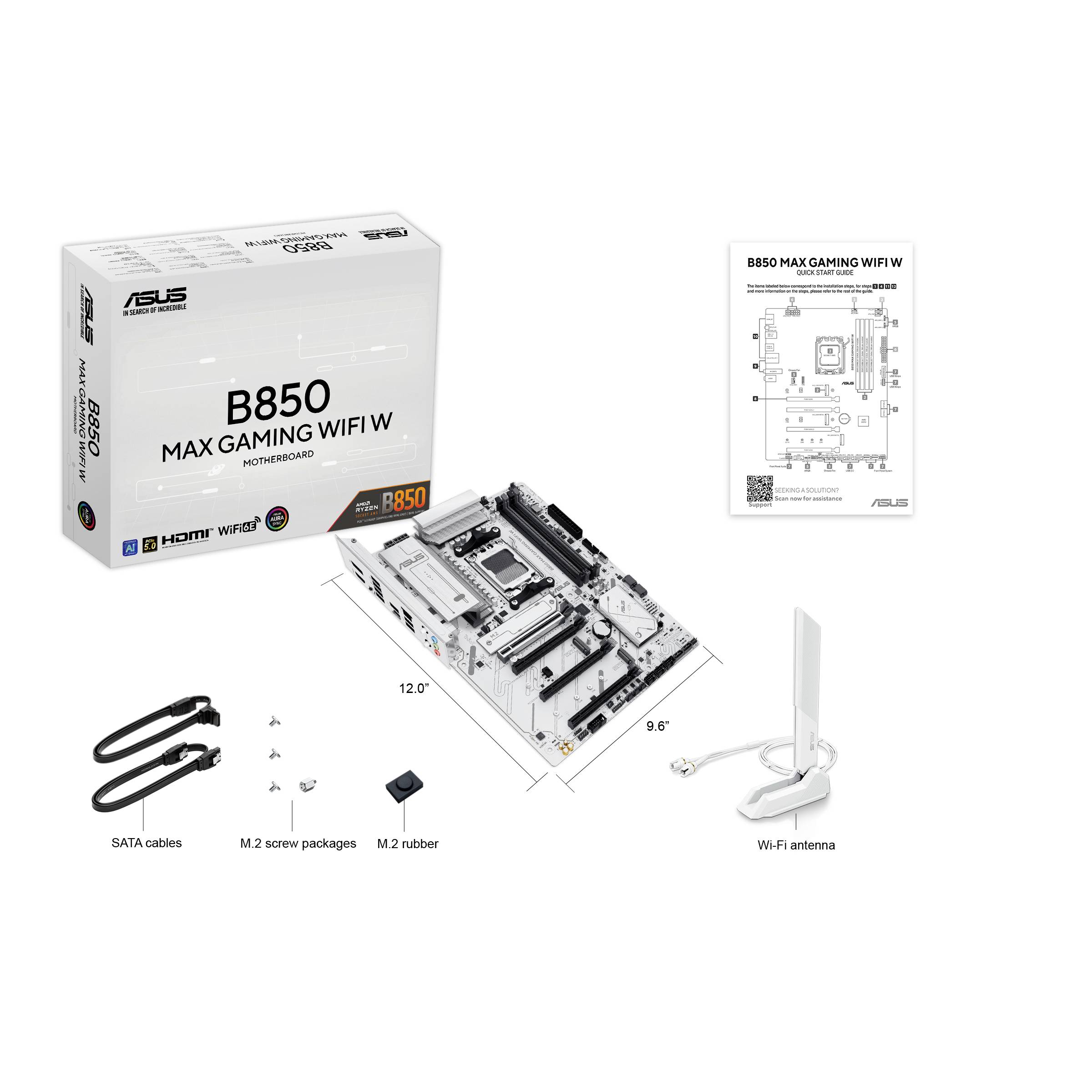 Motherboard-Verpackung mit Zubehör. Hauptplatine, Wi-Fi-Antenne, SATA-Kabel. Modell: ASUS B850 MAX Gaming WiFi W.