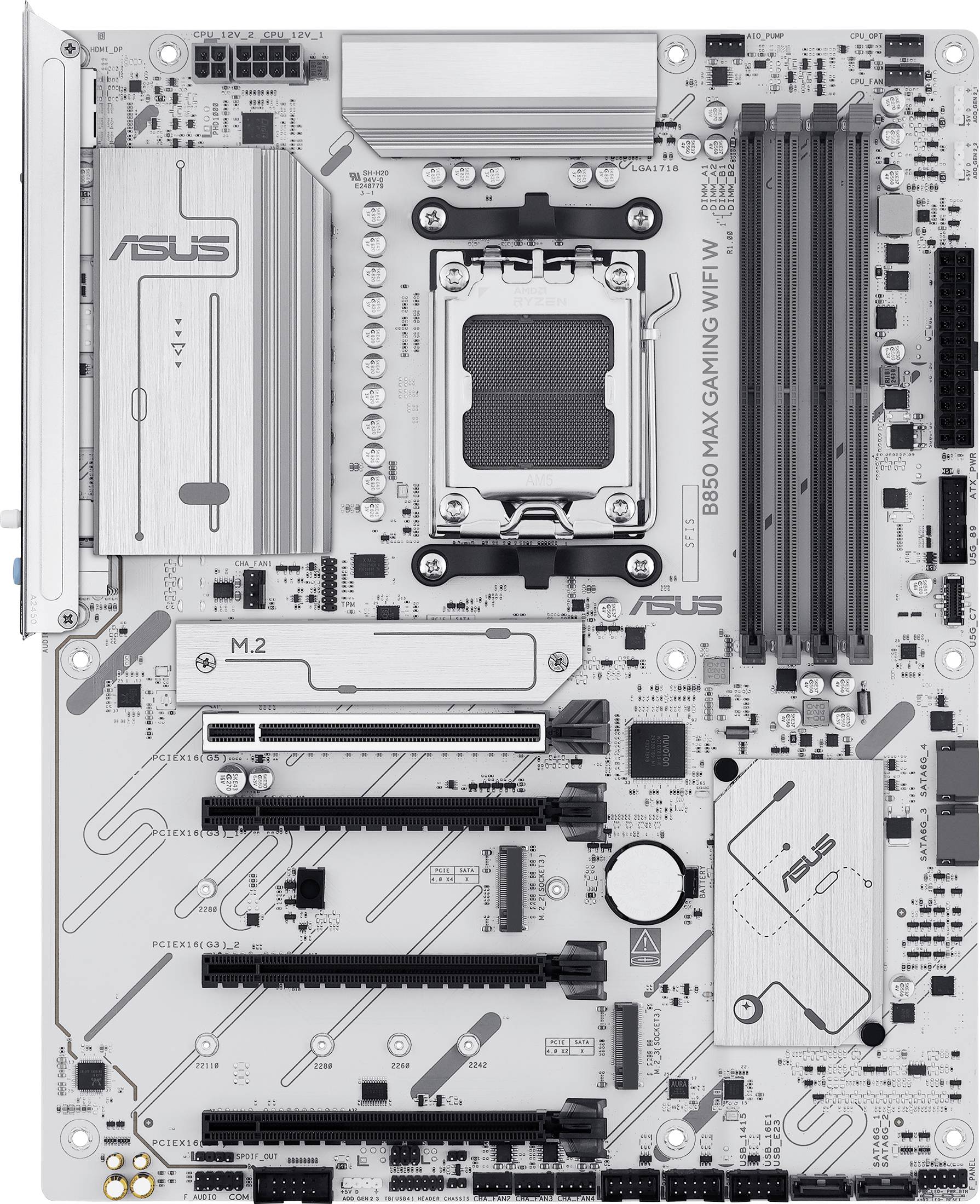 Eine ASUS-Mainboard-Platine mit verschiedenen Schnittplätzen und Kühlsystem. Enthält RAM-Slots und Anschlussmöglichkeiten für CPUs und Peripheriegeräte.