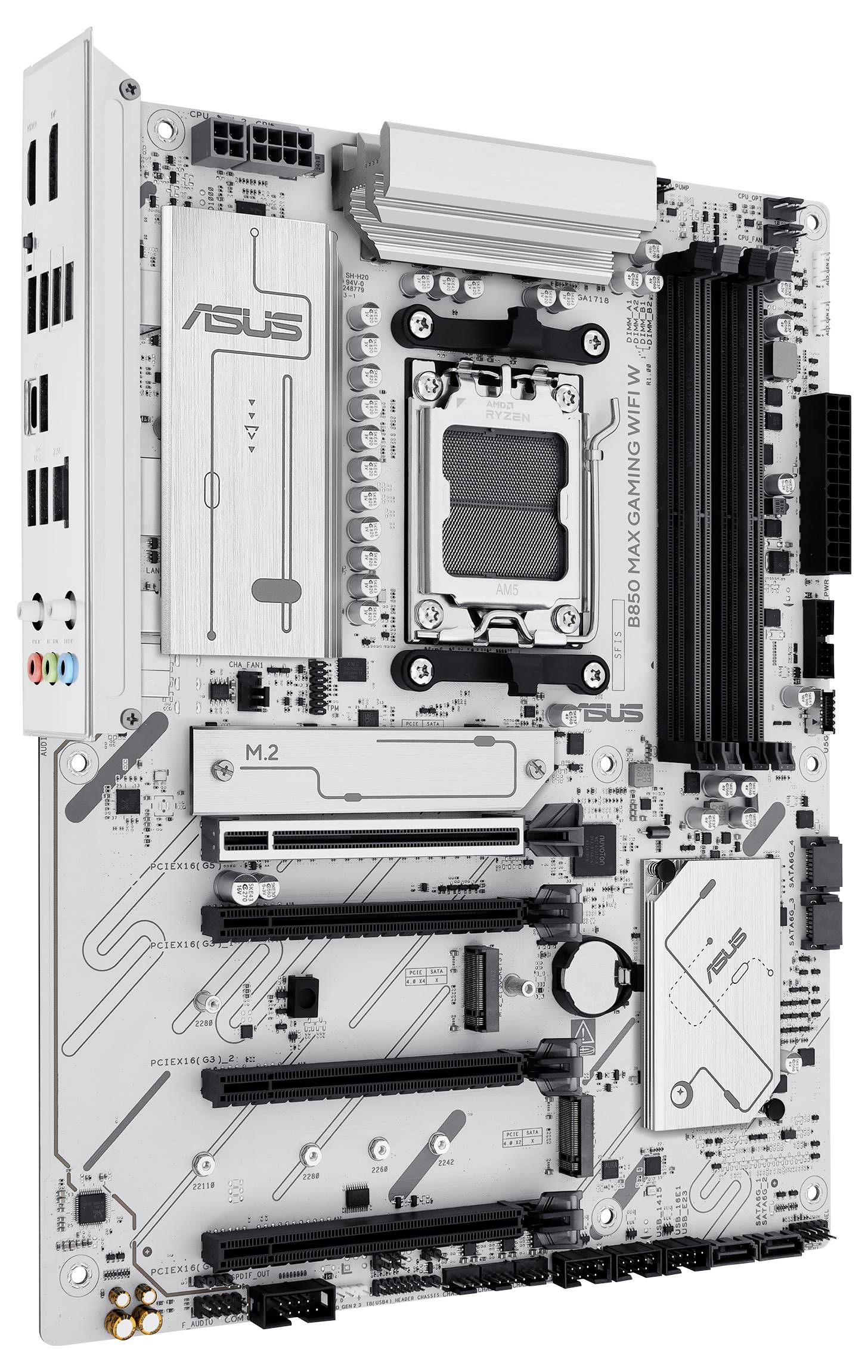 Computer-Mainboard mit diversen Anschlussmöglichkeiten und Steckplätzen für Speicher, Prozessor und Erweiterungskarten. Markenlogo sichtbar.