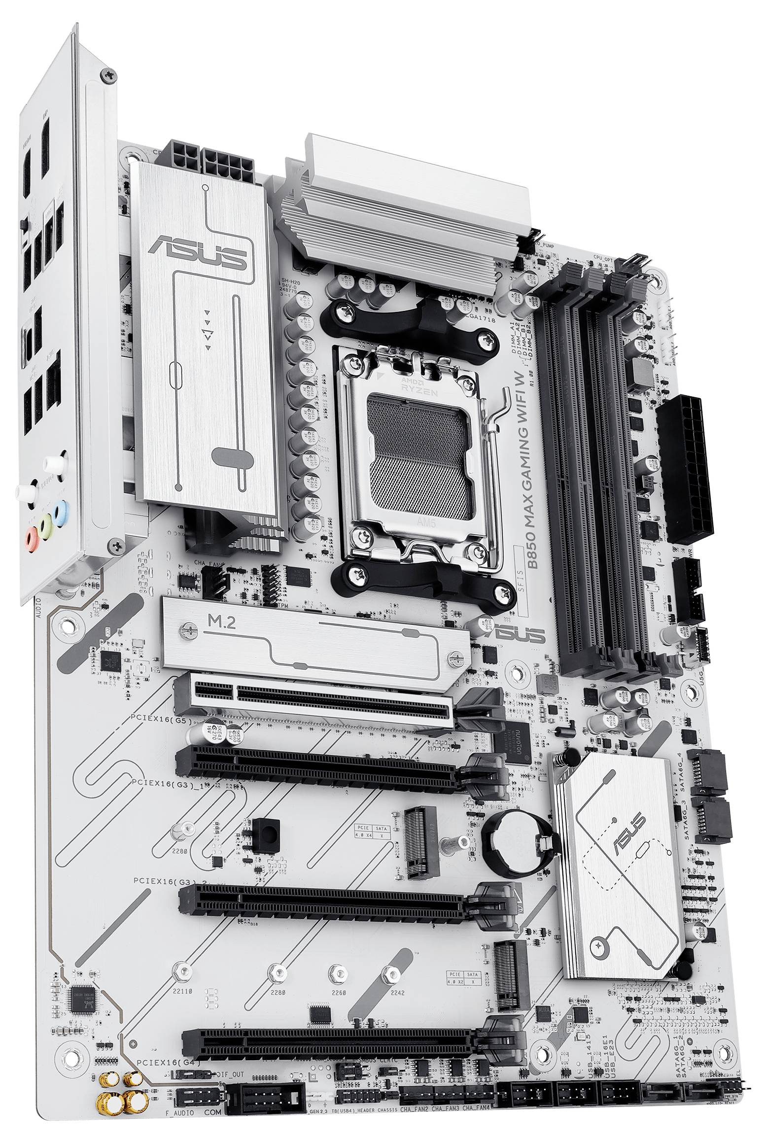 Eine weiße ASUS-Motherboard-Platine mit mehreren Steckplätzen und Anschlüssen für Computerkomponenten.