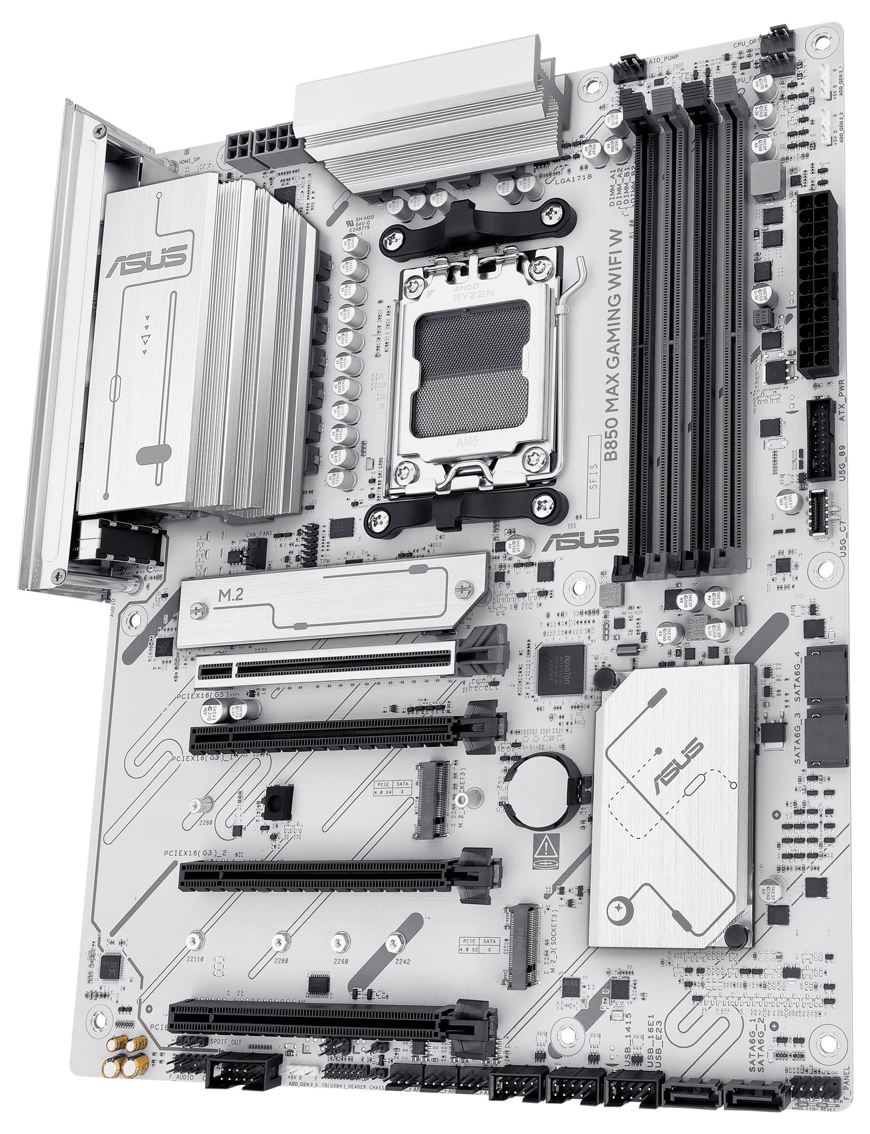 Ein silbernes Computer-Mainboard mit mehreren Steckplätzen und Anschlüssen, geeignet für High-Performance-Gaming-PCs.