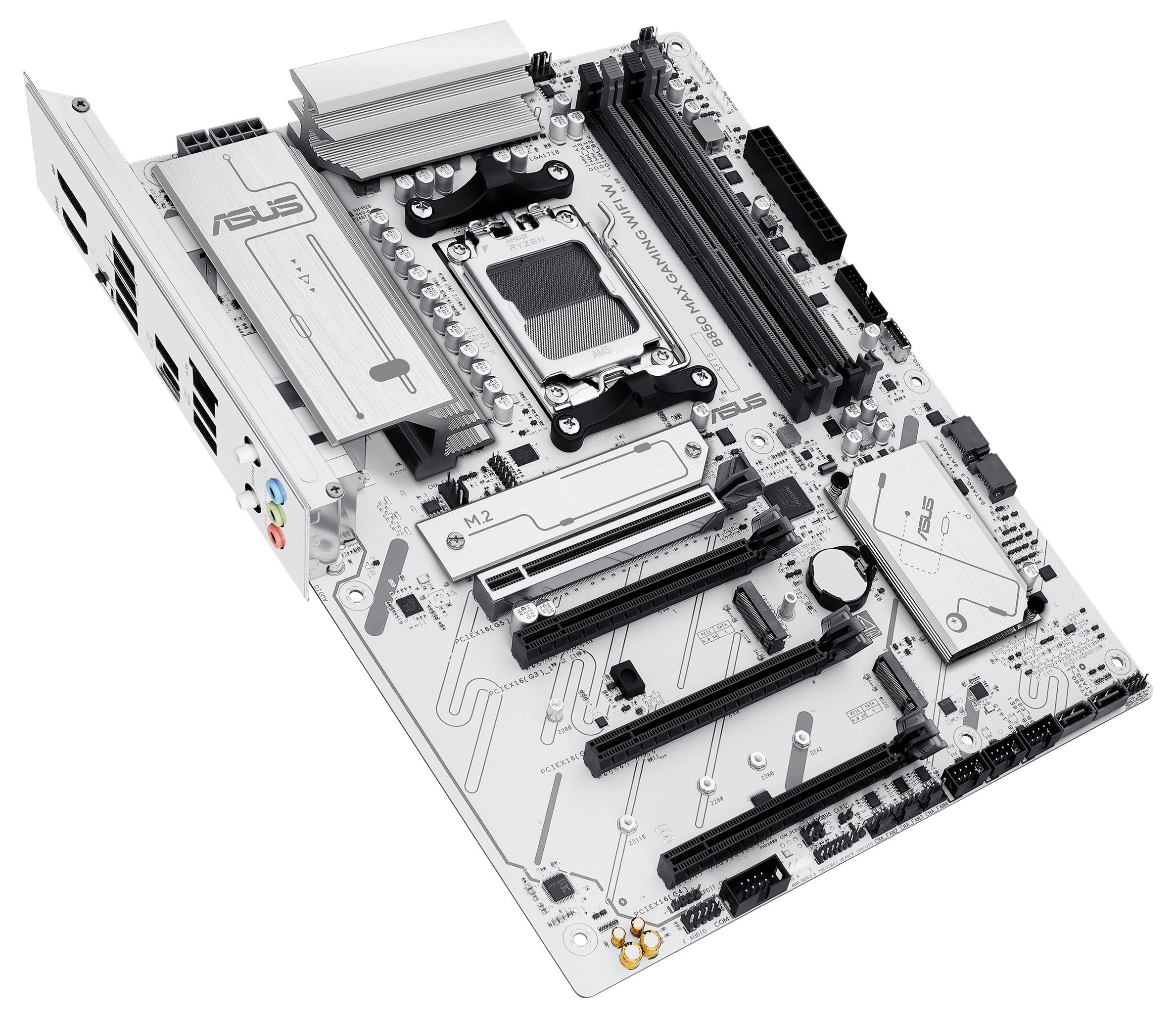 Weißes Computer-Mainboard mit mehreren PCIe-Slots, RAM-Steckplätzen und Anschlüssen, geeignet für leistungsstarke PC-Bauweise.