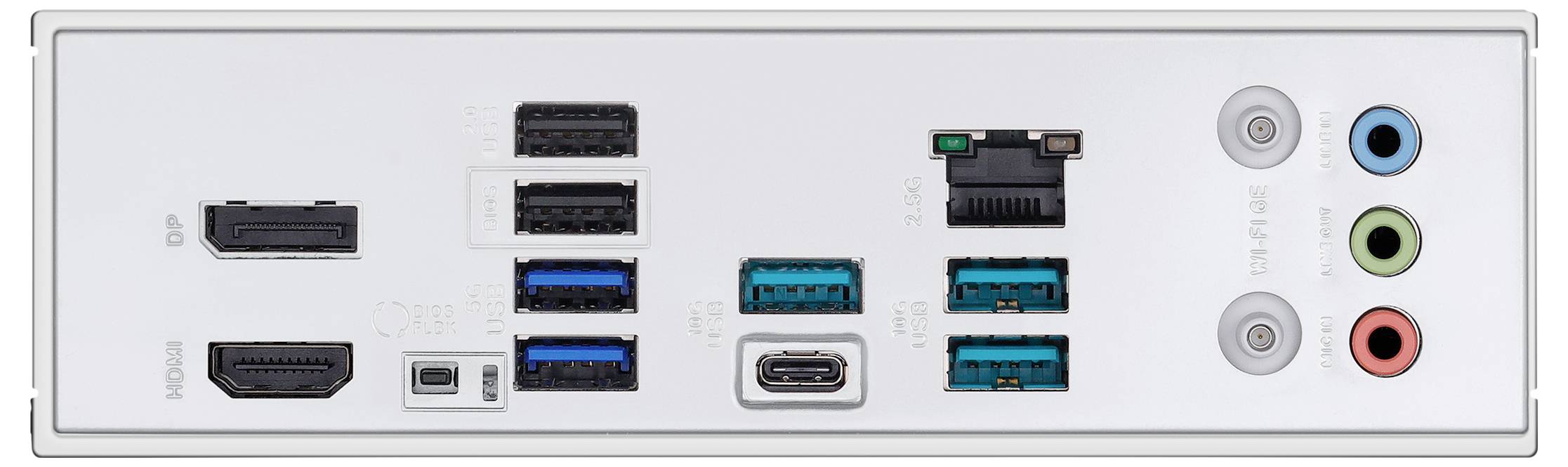Rückseite eines Computer-Motherboards mit Anschlüssen: HDMI, USB, DisplayPort, Ethernet und Audio-Buchsen (grün, rosa, blau).