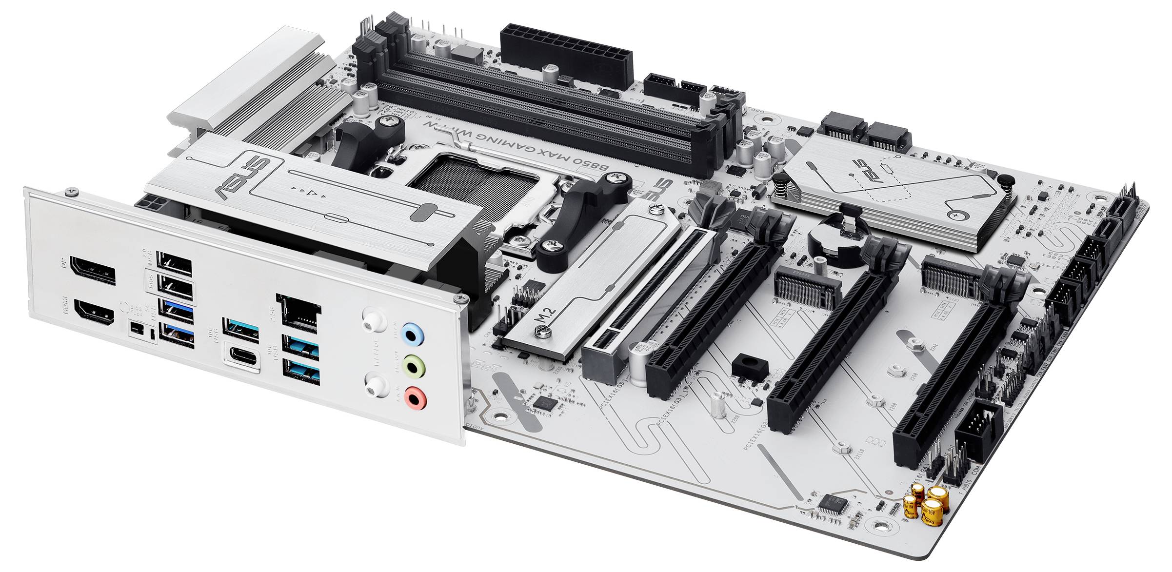 Mainboard mit mehreren Anschlüssen, darunter USB- und HDMI-Ports. Es besitzt PCIe-Steckplätze und RAM-Sockel auf einer weißen Platine.