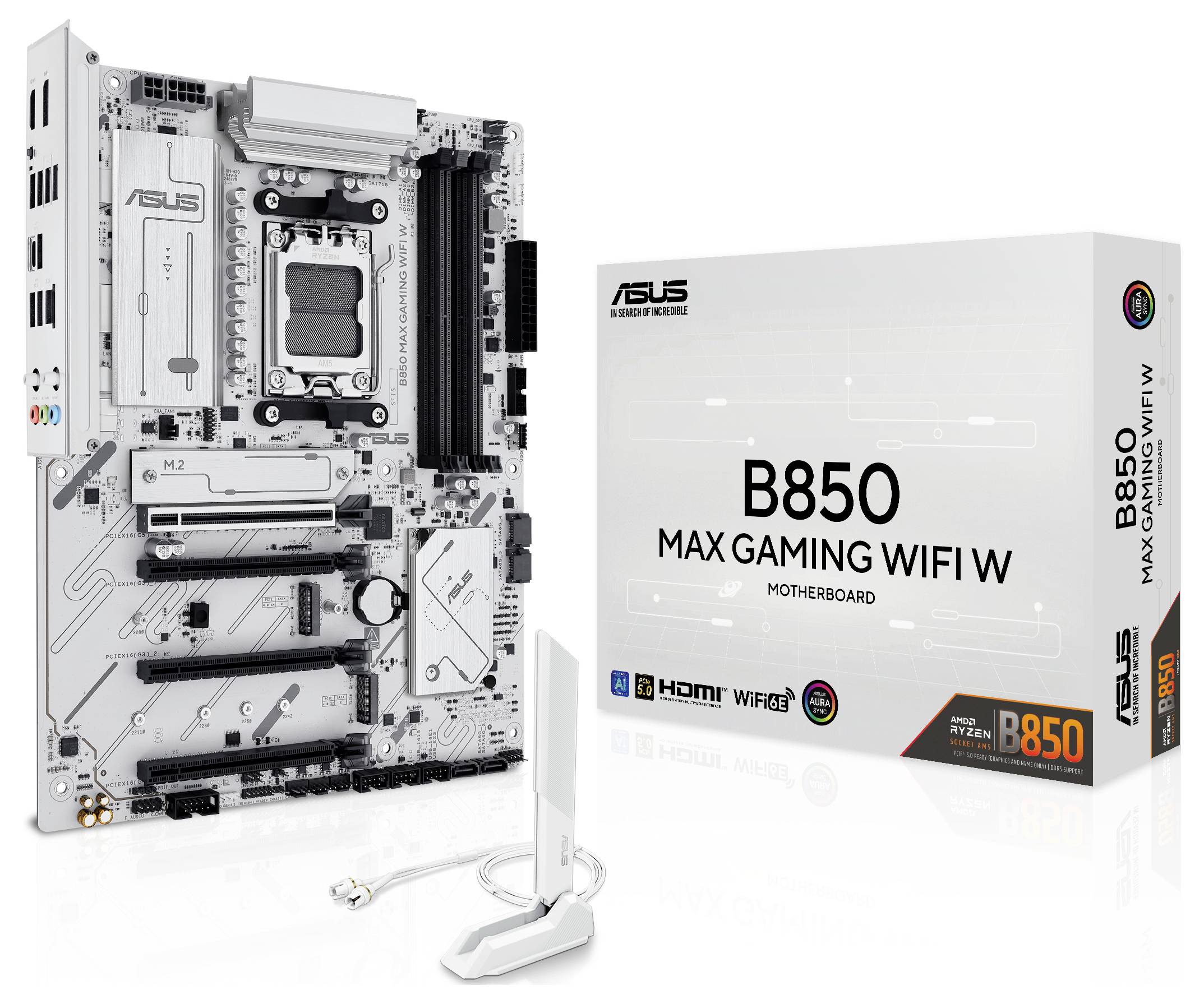 Mainboard mit der Bezeichnung 'B850 Max Gaming WiFi W', daneben die passende Produktverpackung. Enthält Antennen für WiFi.