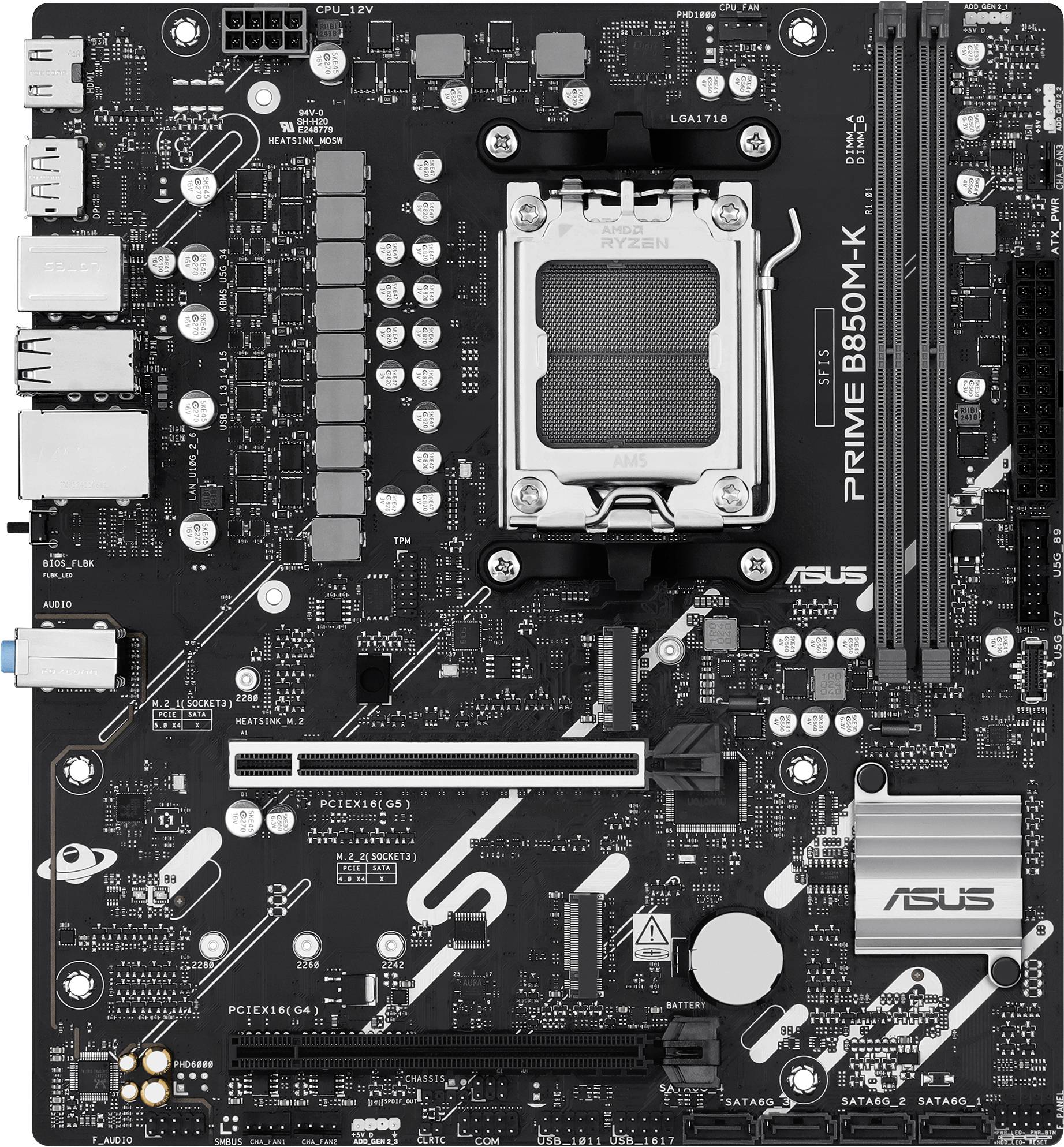 'ASUS Prime B550M-K Mainboard', zeigt mehrere Anschlüsse und Steckplätze für CPU, RAM und Peripheriegeräte, geeignet für AMD Ryzen Prozessoren.