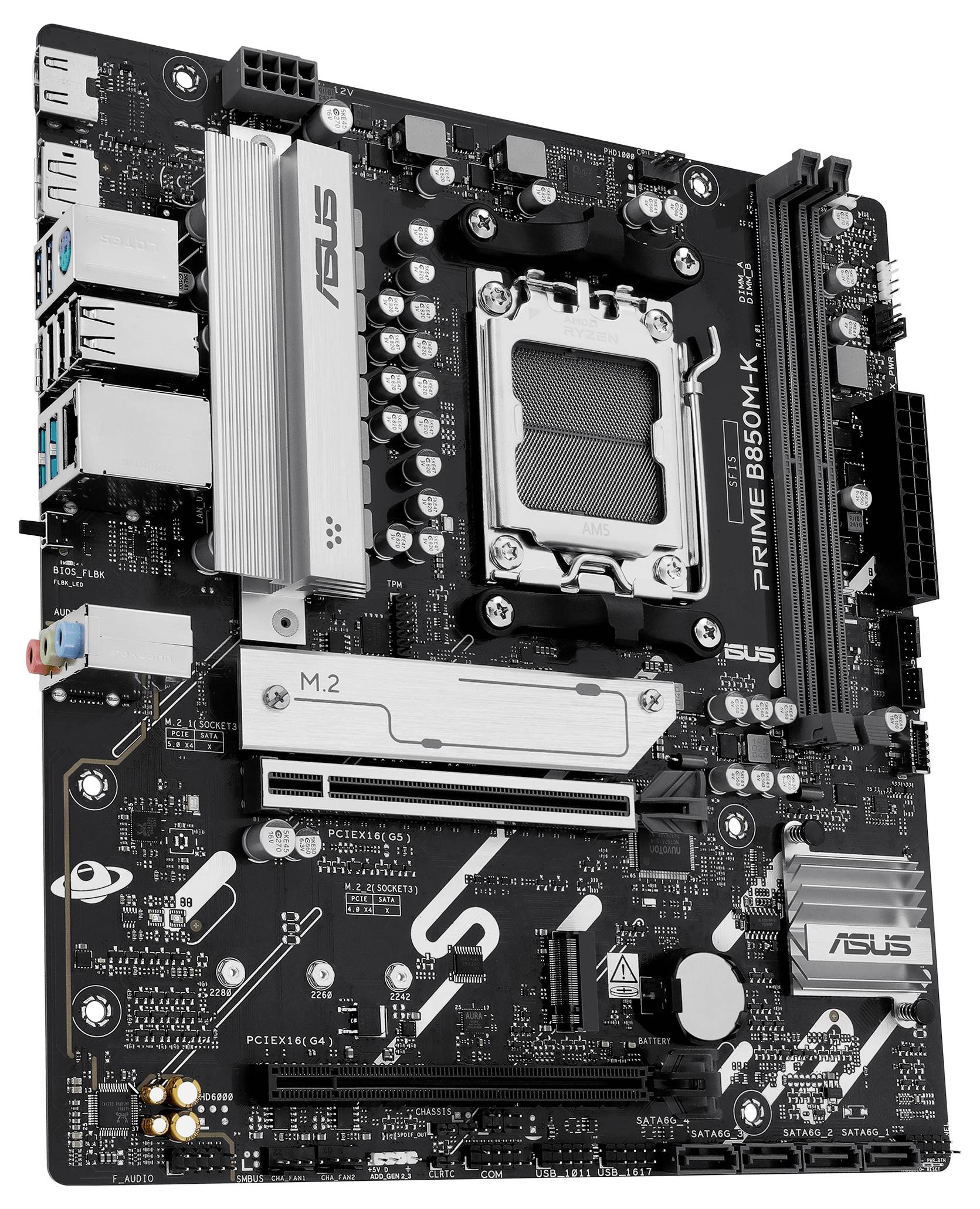 Eine schwarze Computer-Motherboard mit mehreren Steckplätzen und Anschlüssen, einschließlich CPU-Sockel und M.2-Steckplatz.