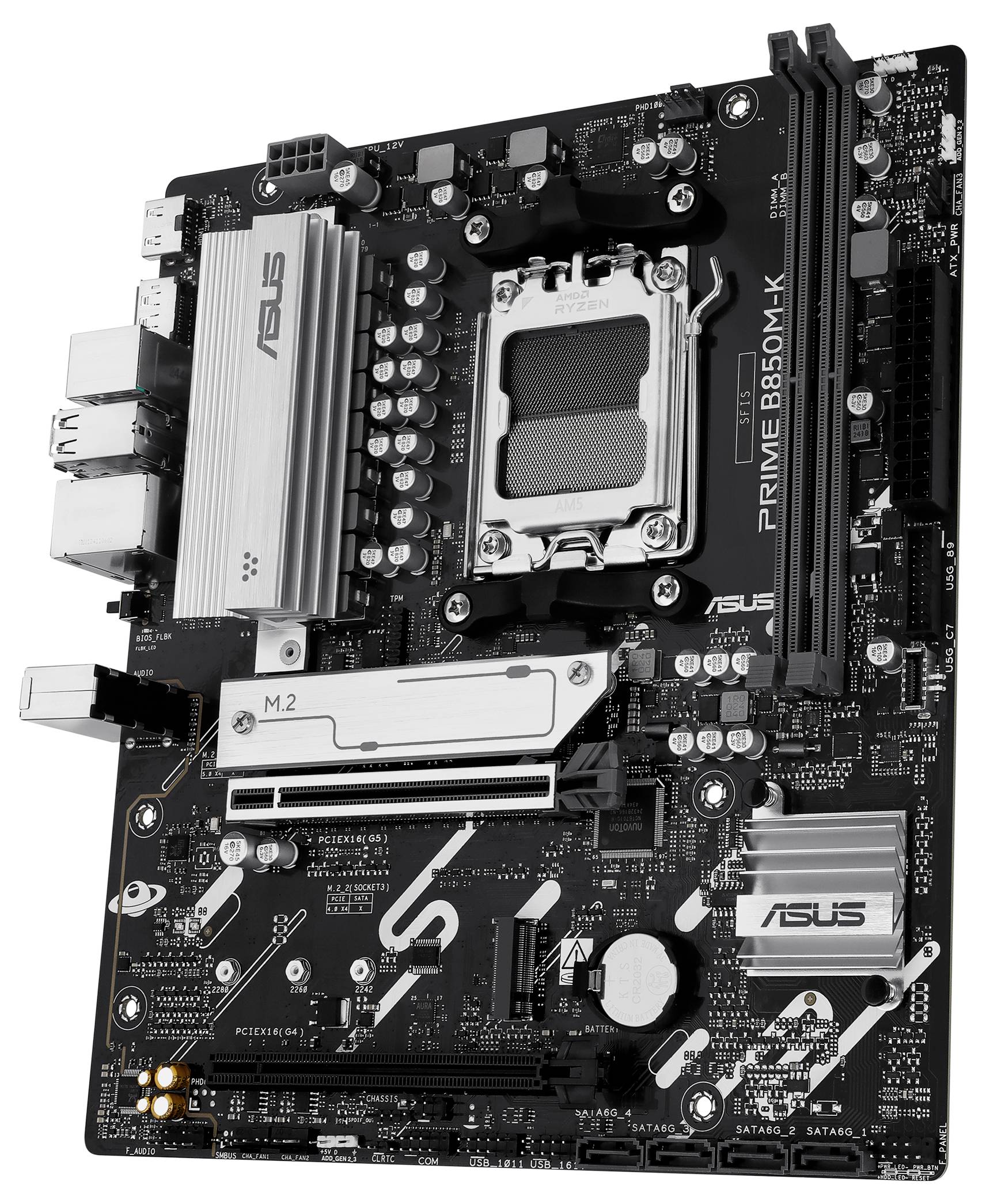 Mainboard mit CPU-Sockel, Speichersteckplätzen, M.2-Anschluss und diversen Schnittstellen auf schwarzer Platine.