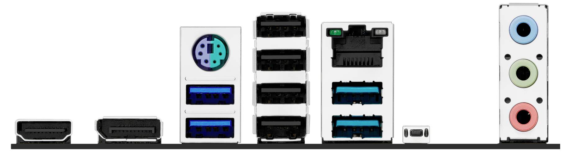 Anschlüsse eines Mainboards: HDMI, DisplayPort, USB-Ports, LAN-Anschluss, Audioanschlüsse in mehreren Farben.