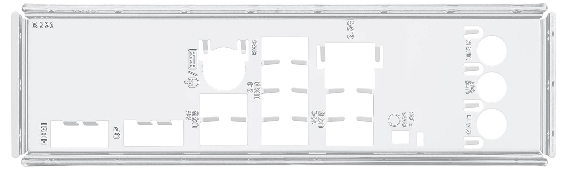 Abdeckung für Mainboard-Anschlüsse, zeigt Beschriftungen: HDMI, DP, USB 3.2, LAN, USB 2.0, Audio.