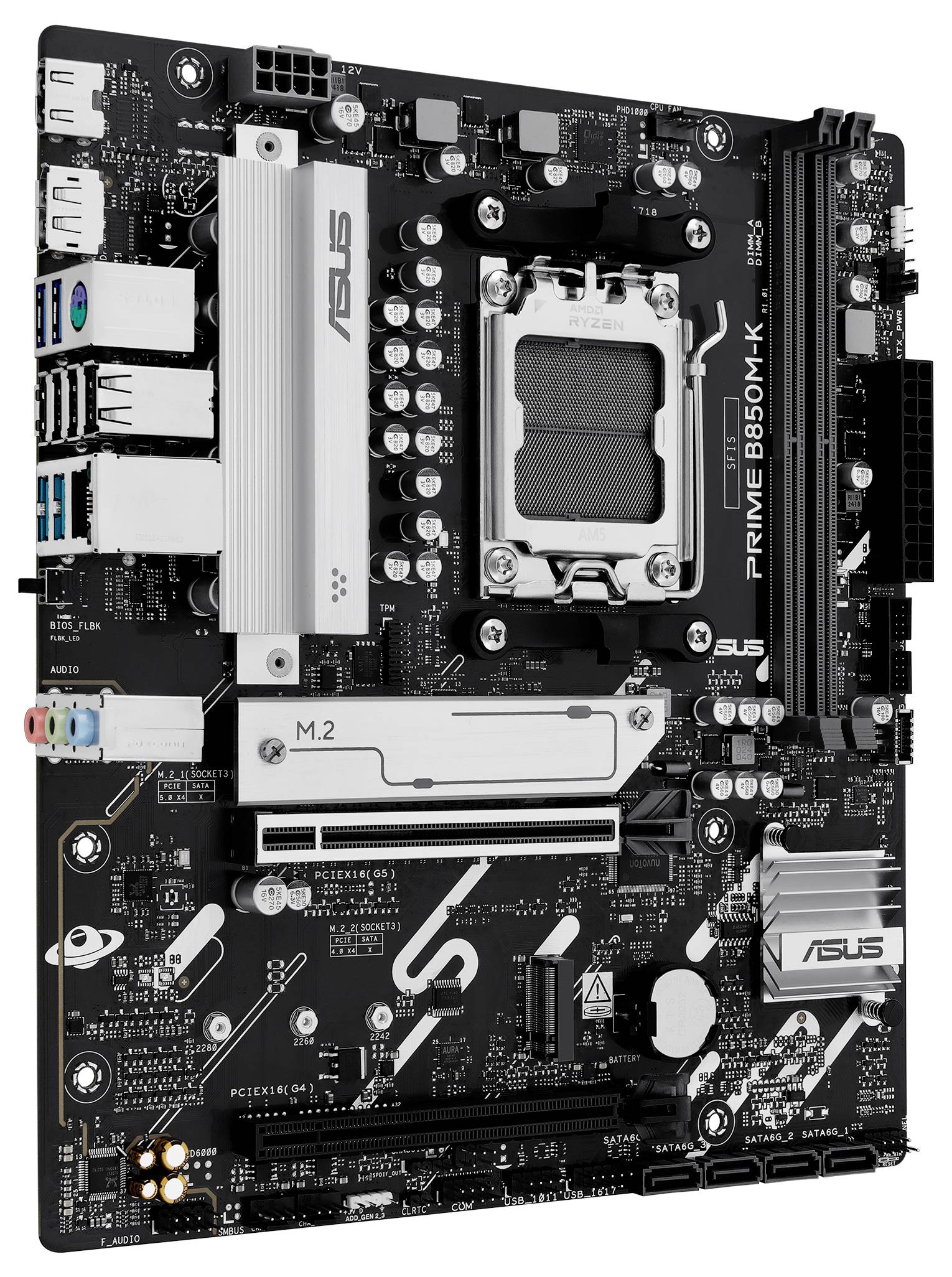 Eine schwarze Computer-Mainboard-Platine mit mehreren Anschlüssen, darunter USB-Ports und Erweiterungsslots. Markenlogo sichtbar.