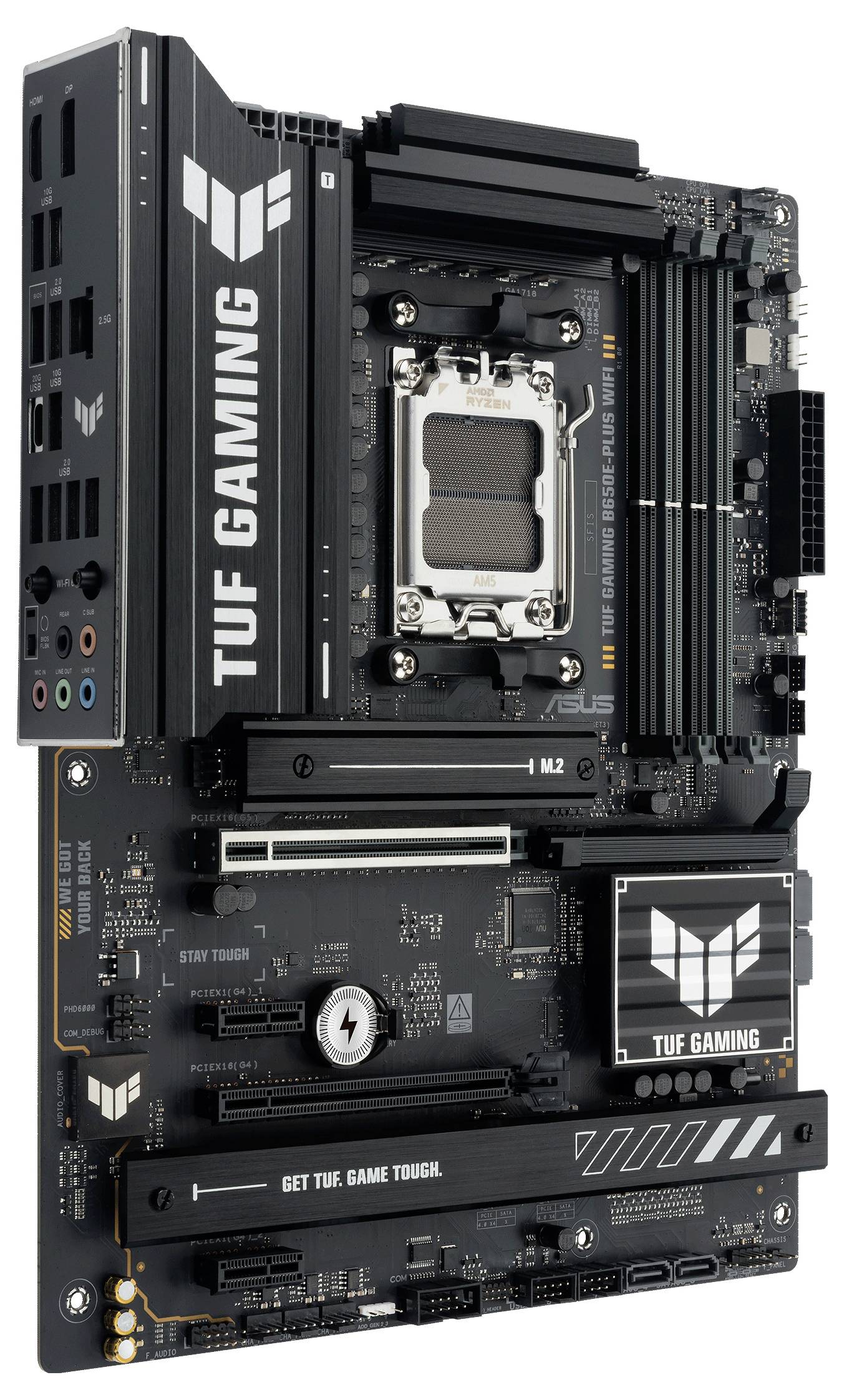 Eine Gaming-Mainboard-Komponente mit dem 'TUF Gaming'-Logo, Sockel für CPU, Speicherschächte und erweiterbare Anschlüsse auf schwarzem PCB.