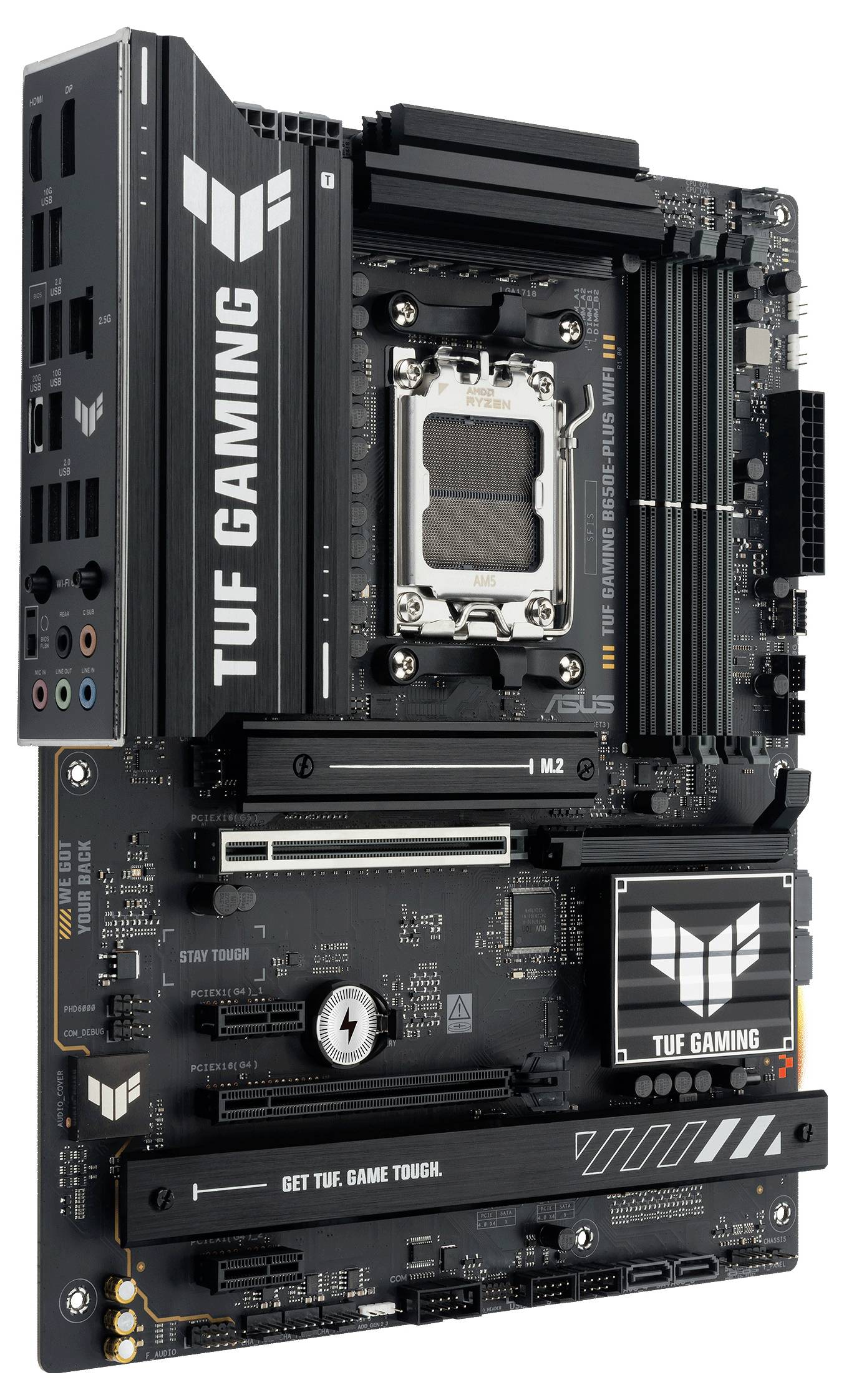 Ein Computer-Motherboard mit 'TUF Gaming'-Branding. Es zeigt Steckplätze für RAM, CPU und Erweiterungskarten.