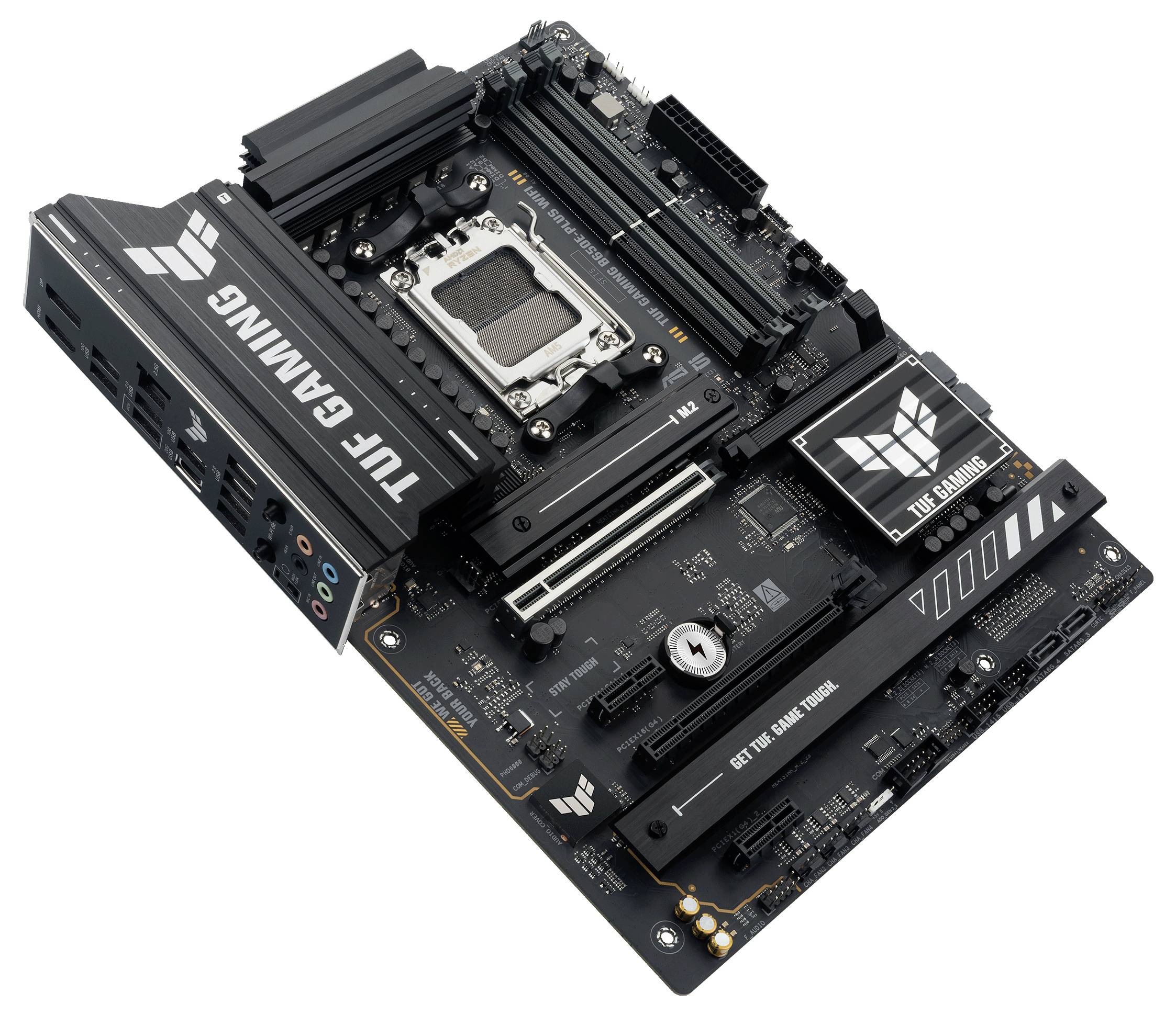 Ein Gaming-Motherboard mit mehreren Anschlüssen und Steckplätzen, geeignet für leistungsstarke Computer. Enthält Markenlogos.