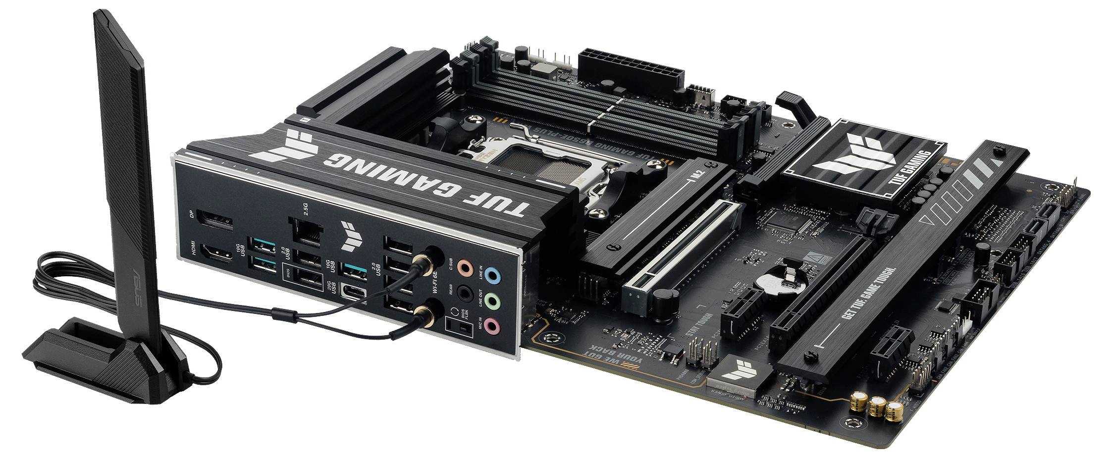 Motherboard mit TUF Gaming-Schriftzug, zahlreichen Anschlüssen und einem schwarzen Antennenmodul; speziell für Gaming optimiert.